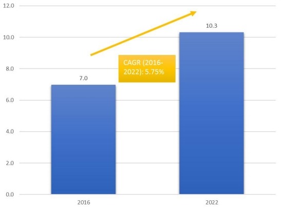 柬埔寨香水和化妆品免税零售市场的市场规模和CGAR（2016-2022）