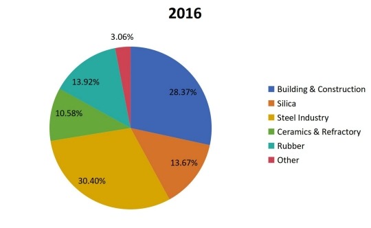 2016年全球稻壳灰消费（百万吨）市场份额（%）（按应用）