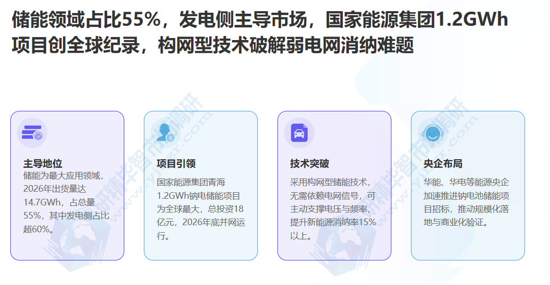 储能领域占比55%，发电侧主导市场